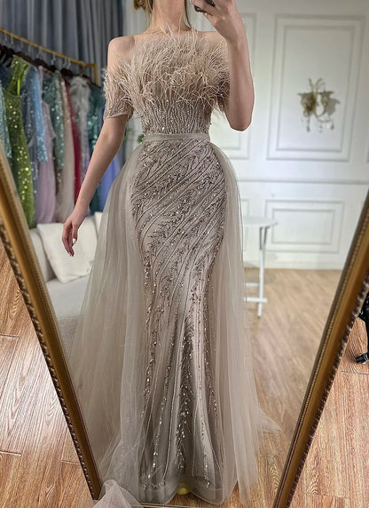 Luxury Dubai  Saudi Arabic Beaded Caramel Mermaid Elegant Evening Dresses Gowns with Overskirt for Formal Occasion LA71634A