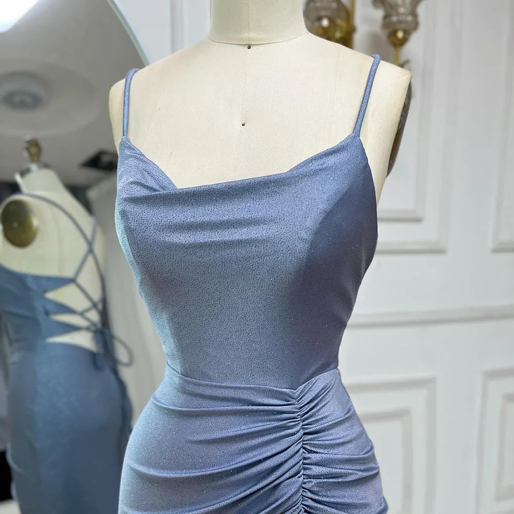 Luxury Dubai  Saudi Arabic Blue Elegant Spaghetti Strap Mermaid Long Evening Gown with Split for Formal Occasion LA72720