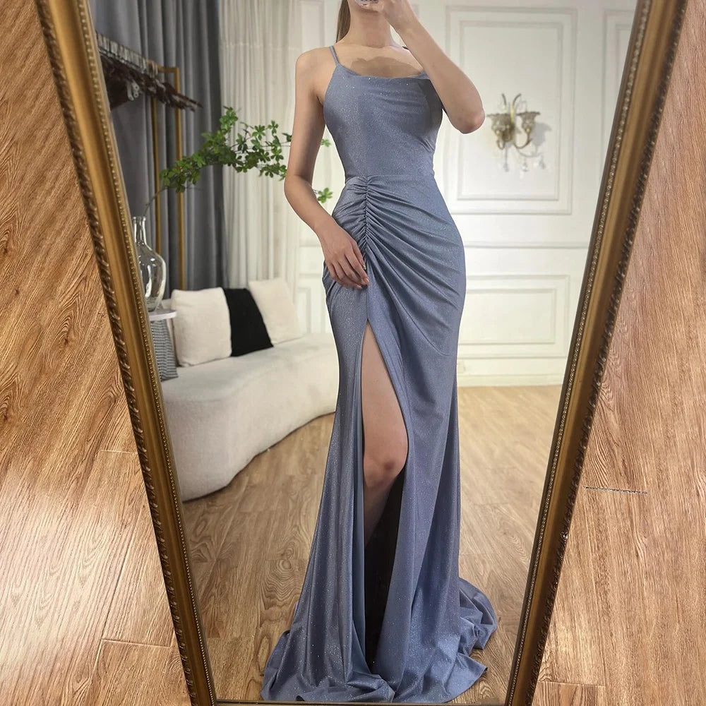 Luxury Dubai  Saudi Arabic Blue Elegant Spaghetti Strap Mermaid Long Evening Gown with Split for Formal Occasion LA72720