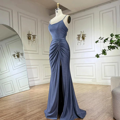 Luxury Dubai  Saudi Arabic Blue Elegant Spaghetti Strap Mermaid Long Evening Gown with Split for Formal Occasion LA72720