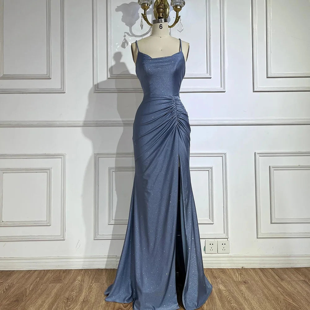 Luxury Dubai  Saudi Arabic Blue Elegant Spaghetti Strap Mermaid Long Evening Gown with Split for Formal Occasion LA72720