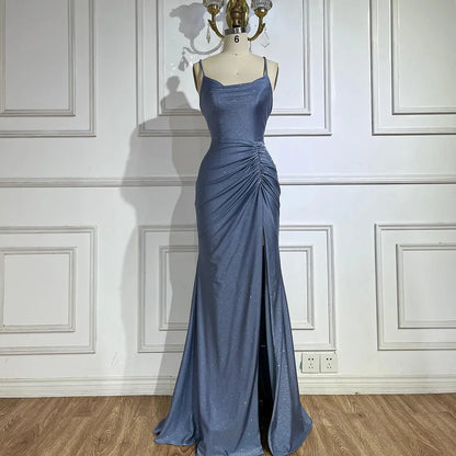 Luxury Dubai  Saudi Arabic Blue Elegant Spaghetti Strap Mermaid Long Evening Gown with Split for Formal Occasion LA72720
