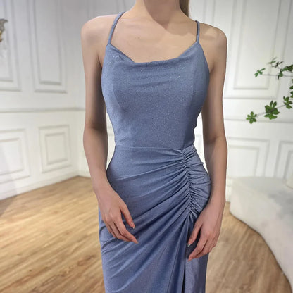 Luxury Dubai  Saudi Arabic Blue Elegant Spaghetti Strap Mermaid Long Evening Gown with Split for Formal Occasion LA72720