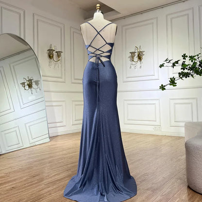 Luxury Dubai  Saudi Arabic Blue Elegant Spaghetti Strap Mermaid Long Evening Gown with Split for Formal Occasion LA72720
