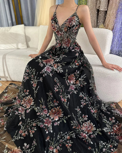 Luxury Dubai  Spaghetti Strap A-Line Black Beaded Luxury Prom Dress for Formal Occasion Saudi Arabic LA72773