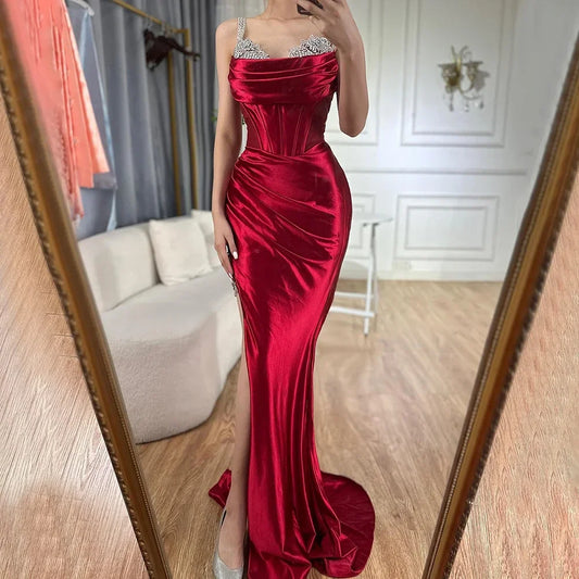 Luxury Dubai  Saudi Arabic Spaghetti Strap Wine Red Satin Evening Dress with High Slit for Formal Occasion LA72776