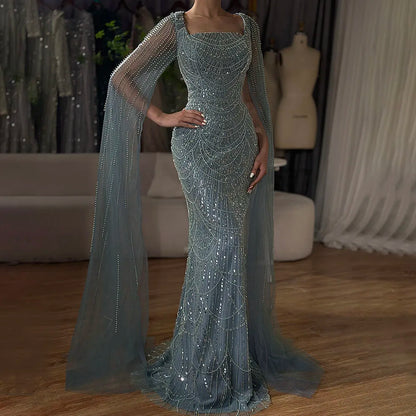 Luxury Arabic Mermaid Evening Dress with Cape Sleeves Plus SizeLA72590A