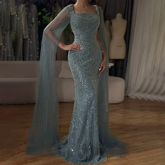 Luxury Arabic Mermaid Evening Dress with Cape Sleeves Plus SizeLA72590A