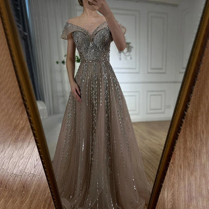 Luxury Dubai  Saudi Arabic Gray Beaded Design A-Line Evening Dresses Gowns for Formal Occasion LA72731