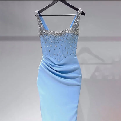 Luxury Dubai  Saudi Blue Crystal Beaded Spaghetti Strap Mermaid Evening Dress Gown with Split for Formal Occasion LA72739