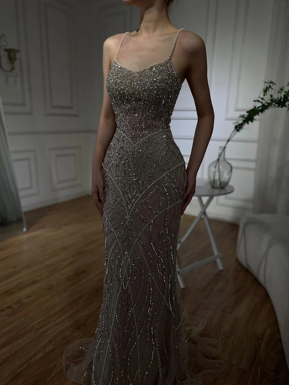 Luxury Dubai  Saudi Caramel Beaded Spaghetti Strap Arabic Mermaid Evening Dress Gown for Formal Occasion LA72733