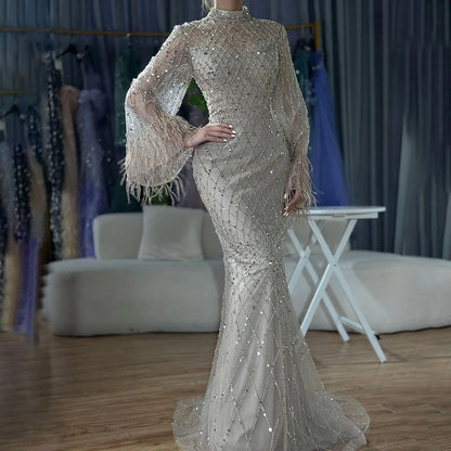 Luxury Dubai Caramel Beaded Feathers Mermaid Evening Dress LA72394A