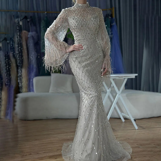 Luxury Dubai Caramel Beaded Feathers Mermaid Evening Dress LA72394A