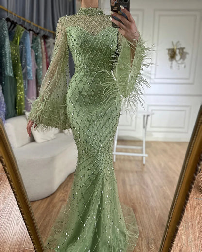 Luxury Dubai Caramel Beaded Feathers Mermaid Evening Dress LA72394A