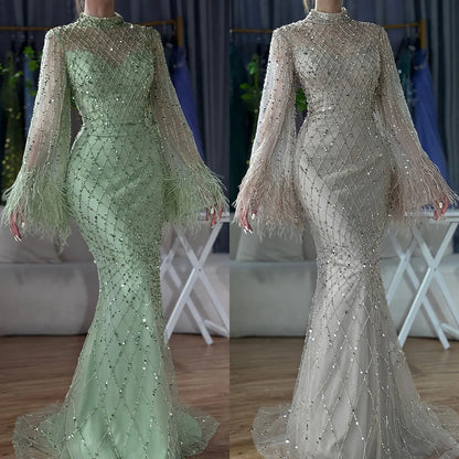 Luxury Dubai Caramel Beaded Feathers Mermaid Evening Dress LA72394A