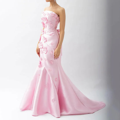 Luxury Dubai  Saudi Pink Ruched Appliques Satin Mermaid Evening Dress Gown Lace-Up Back for Formal Occasion LA72740