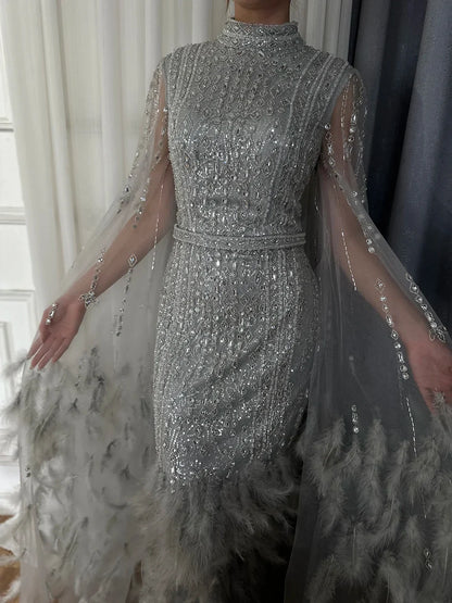 Luxury Dubai  Silver Gray Mermaid Cape Sleeves Feathers Beaded Ankle Length Evening Dresses Gowns for Formal Occasion LA72747