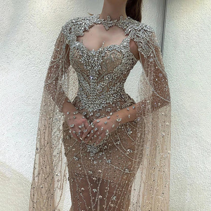Luxury Designer Nude Beaded Crystal Evening Dress with Detachable Cape Sleeves LA72539