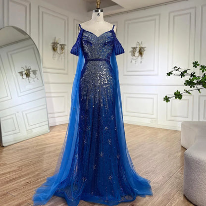 Serene Hill  Spaghetti Strap Blue Mermaid Beaded Luxury Evening Dress with Cape Sleeves for Formal Occasion Saudi LA72707
