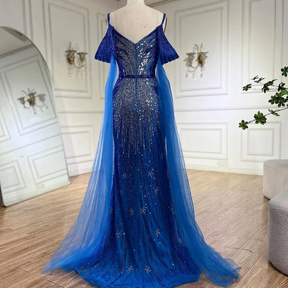 Serene Hill  Spaghetti Strap Blue Mermaid Beaded Luxury Evening Dress with Cape Sleeves for Formal Occasion Saudi LA72707