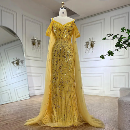 Serene Hill  Spaghetti Strap Blue Mermaid Beaded Luxury Evening Dress with Cape Sleeves for Formal Occasion Saudi LA72707