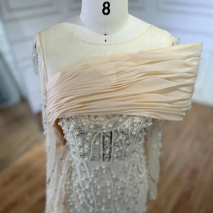 Luxury Designer Nude Crystal Mermaid Evening Dress with Overskirt LA72348