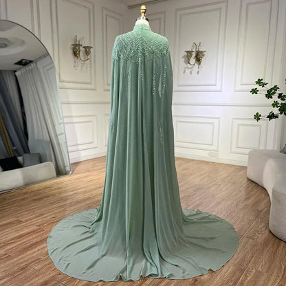 Luxury Dubai  muslim Sage Green Mermaid Cape Sleeves Beaded Satin Luxury Evening Dresses Gowns for Women Party LA72413