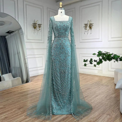 Luxury Dubai Turquoise Evening Dress with Cape Sleeves LA72400