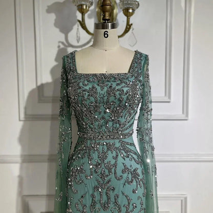 Luxury Dubai Turquoise Evening Dress with Cape Sleeves LA72400