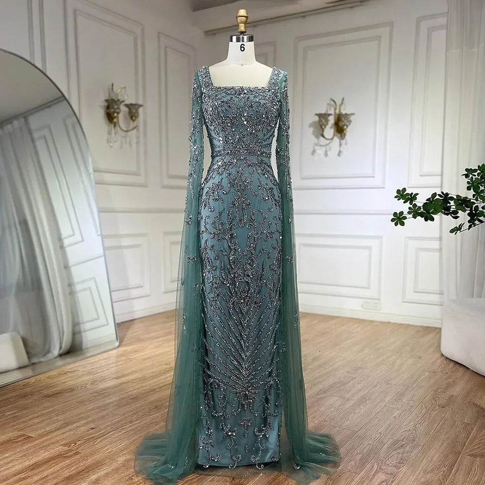 Luxury Dubai Turquoise Evening Dress with Cape Sleeves LA72400