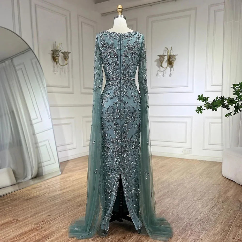 Luxury Dubai Turquoise Evening Dress with Cape Sleeves LA72400