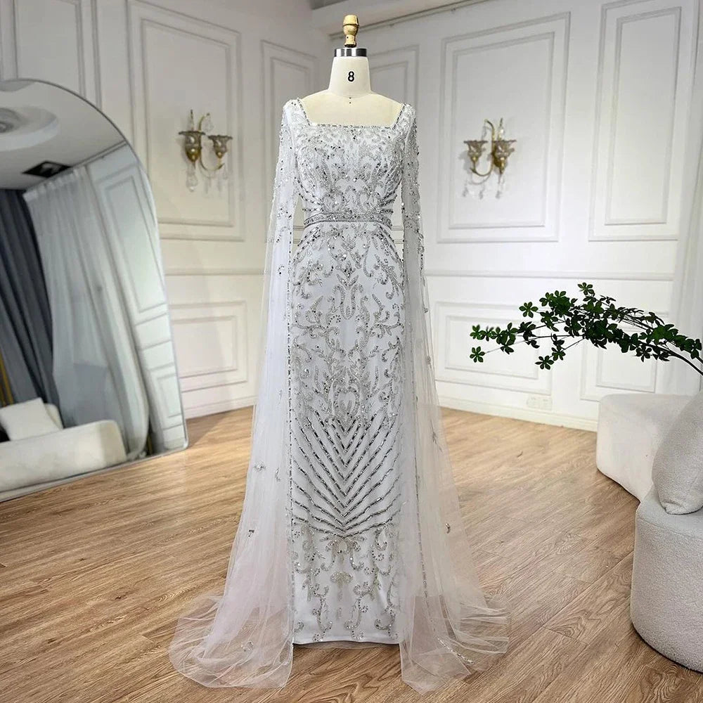 Luxury Dubai Turquoise Evening Dress with Cape Sleeves LA72400