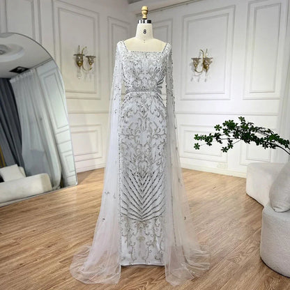 Luxury Dubai Turquoise Evening Dress with Cape Sleeves LA72400