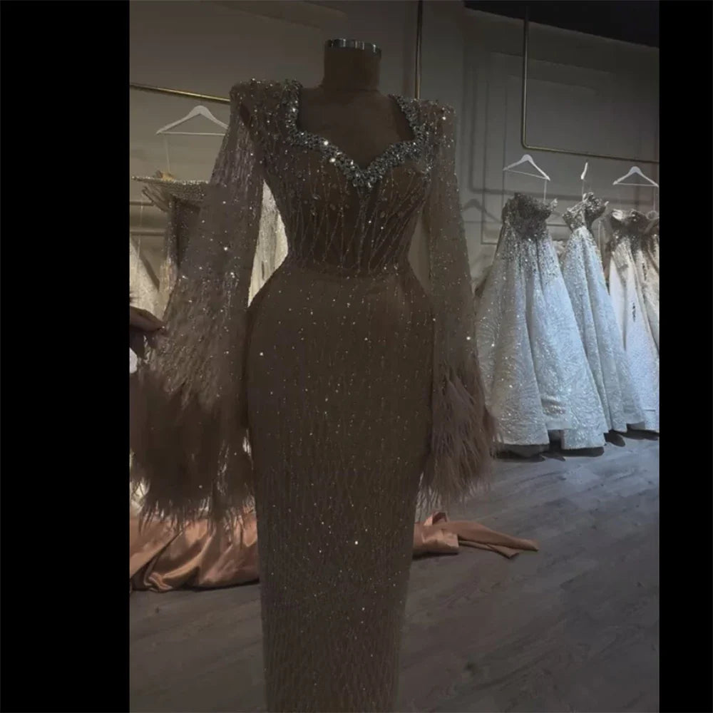 Luxury Nude Beaded Evening Dress with Feather Cuffs LA72892