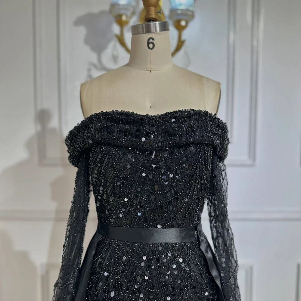 Luxury Dubai   Black Off-Shoulder Beaded Corset Evening Gown with Detachable Satin Overskirt for Formal Occasion LA72254B