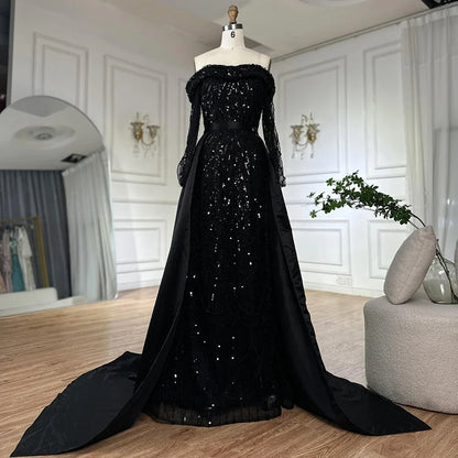 Luxury Dubai   Black Off-Shoulder Beaded Corset Evening Gown with Detachable Satin Overskirt for Formal Occasion LA72254B