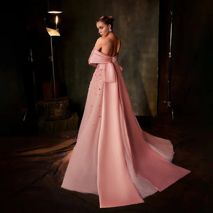 Arabia Peach Off the Shoulder A Line Satin Appliques Evening Dress Gown LA72830
