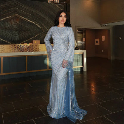 Luxury Dubai   Arabic Elegant Blue Beaded Saudi Evening Dresses Gowns for Formal Occasion LA72822