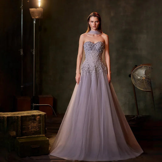 Luxury Dubai   Arabic Lilac A-Line Beaded Evening Dresses Gowns for Formal Occasion LA72832
