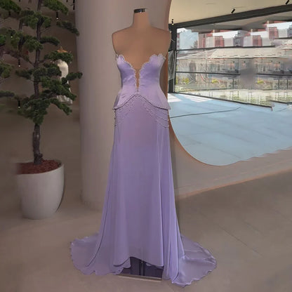 Luxury Dubai   Arabic Lilac Beaded Mermaid Satin Evening Dresses Gowns for Formal Occasion LA72808