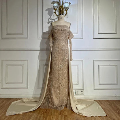 Luxury Nude Pearls Beaded Mermaid Evening Gown with Overskirt LA72160B