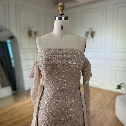 Luxury Nude Pearls Beaded Mermaid Evening Gown with Overskirt LA72160B