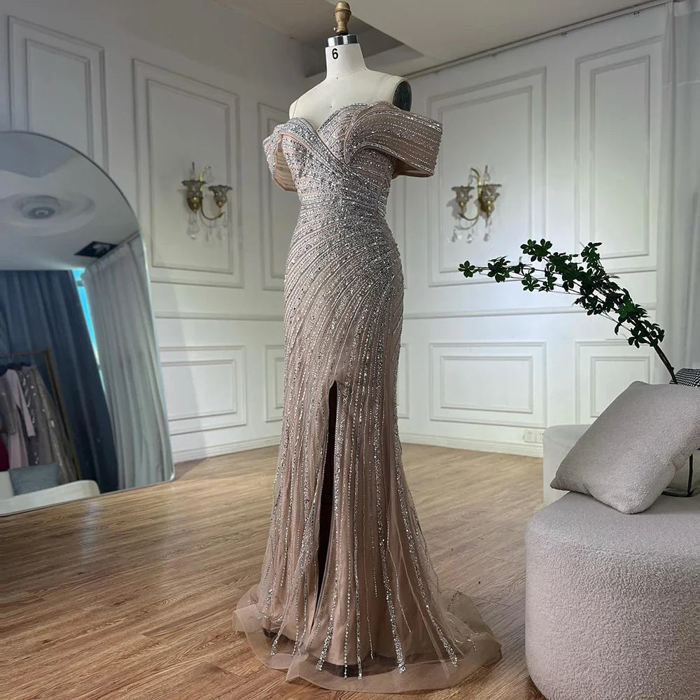 Luxury Dubai   Arabic Silver Nude Mermaid Beaded  Evening Dress with Split for Formal Occasion Saudi LA72481A