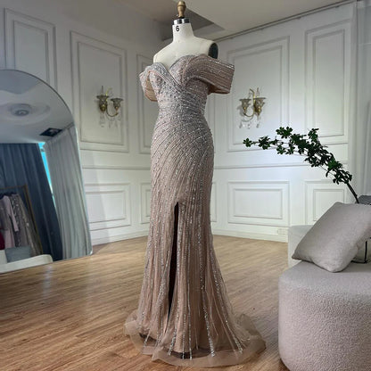 Luxury Dubai   Arabic Silver Nude Mermaid Beaded  Evening Dress with Split for Formal Occasion Saudi LA72481A