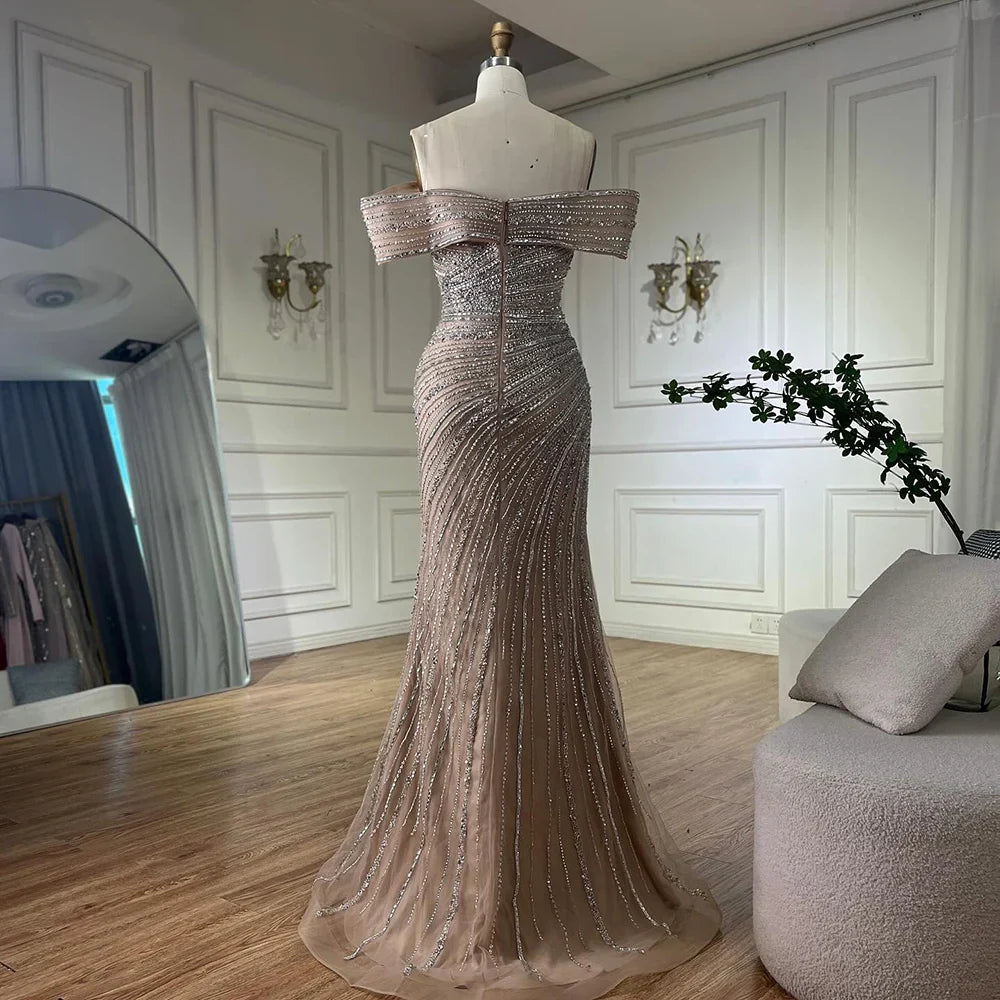 Luxury Dubai   Arabic Silver Nude Mermaid Beaded  Evening Dress with Split for Formal Occasion Saudi LA72481A
