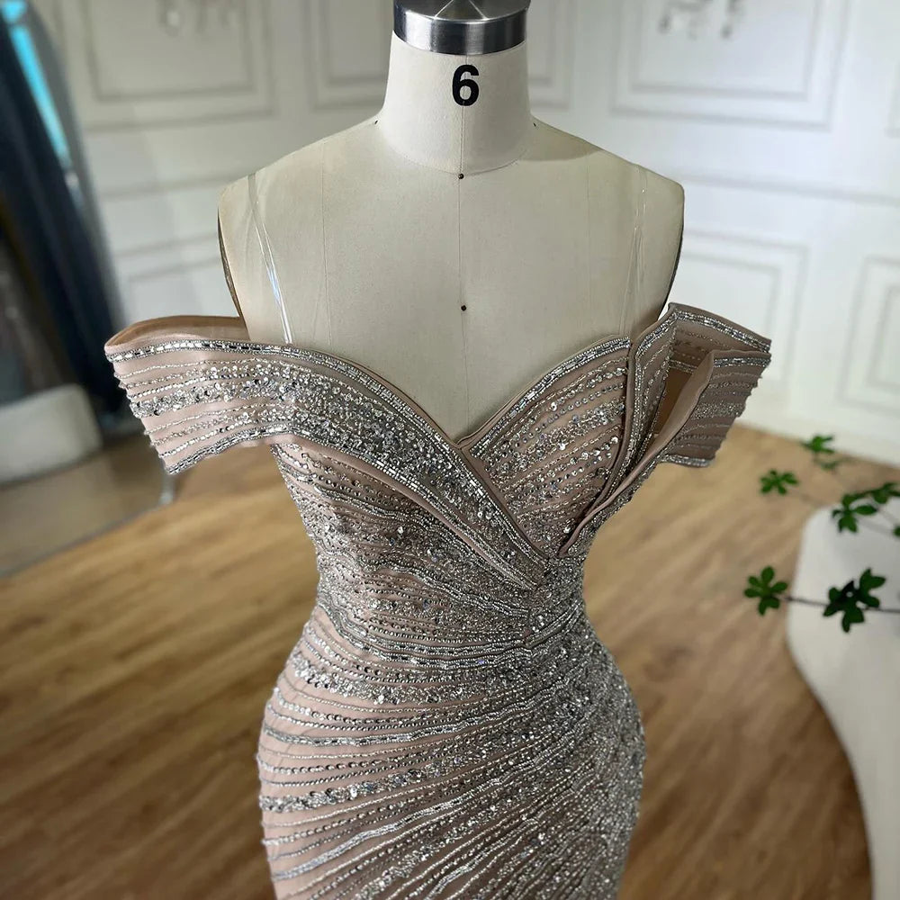 Luxury Dubai   Arabic Silver Nude Mermaid Beaded  Evening Dress with Split for Formal Occasion Saudi LA72481A