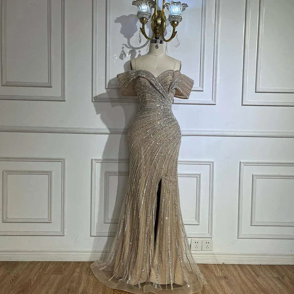 Luxury Dubai   Arabic Silver Nude Mermaid Beaded  Evening Dress with Split for Formal Occasion Saudi LA72481A