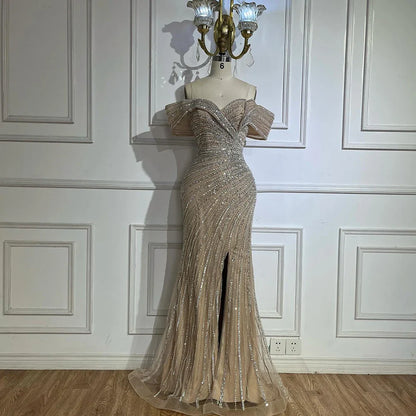 Luxury Dubai   Arabic Silver Nude Mermaid Beaded  Evening Dress with Split for Formal Occasion Saudi LA72481A