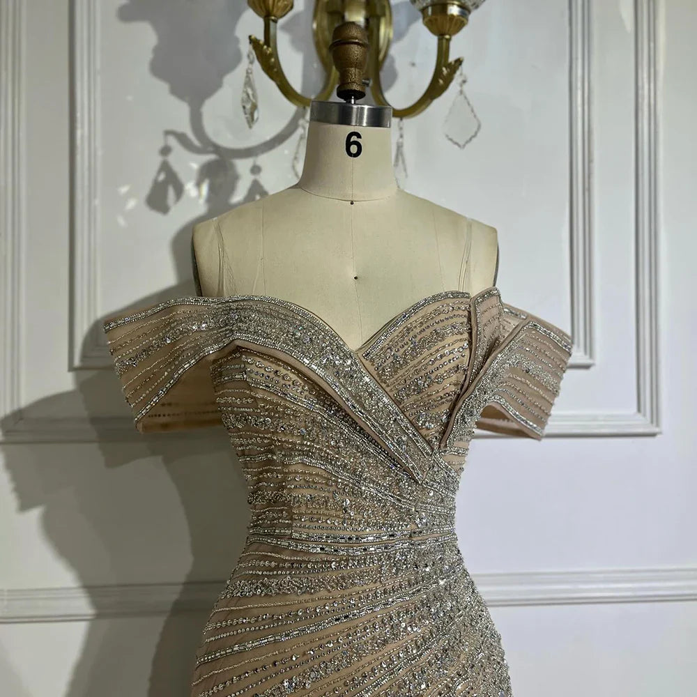Luxury Dubai   Arabic Silver Nude Mermaid Beaded  Evening Dress with Split for Formal Occasion Saudi LA72481A