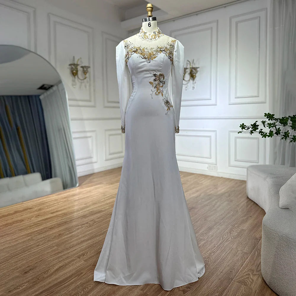 Luxury Dubai   Arabic White Beaded Satin Saudi Mermaid Evening Dresses Gowns for Formal Occasion LA72815